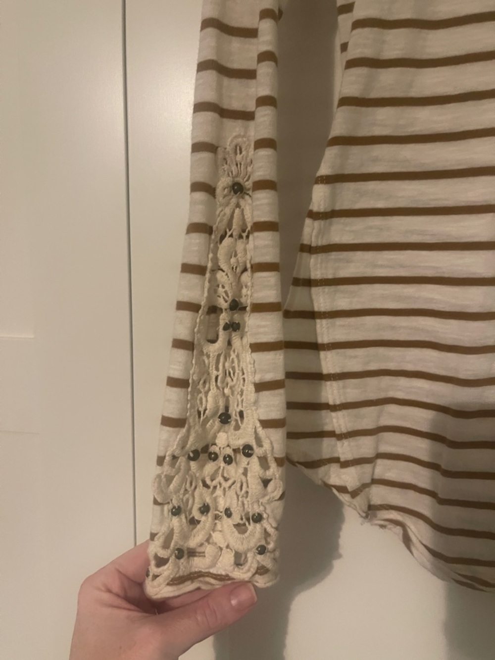 Free People Striped Long-Sleeve Scoop Neck Top - Cream & Brown - Picture 3 of 4